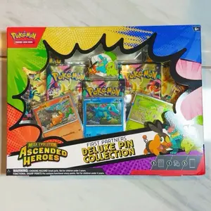 Pokémon TCG Mega Evolution Ascended Heroes First Partners Deluxe Pin Collection with 3 Foil Promo Cards & 5 Booster Packs Featuring Chikorita Tepig and Totodile