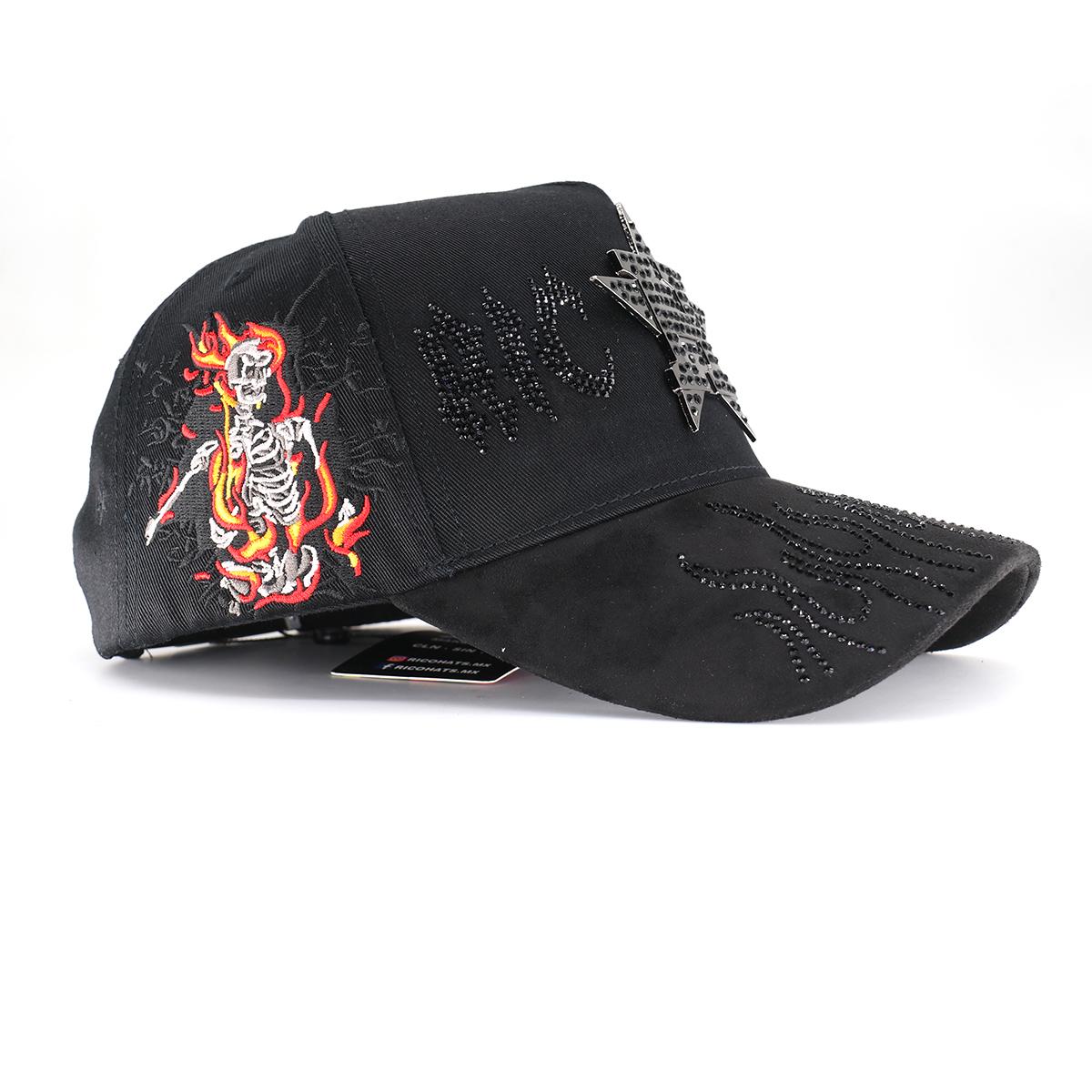 Flaming Skeleton Rhinestone Streetwear Snapback Hat - Black Embroidered Hip Hop Baseball Cap, Unisex Adjustable Urban Street Style Headwear