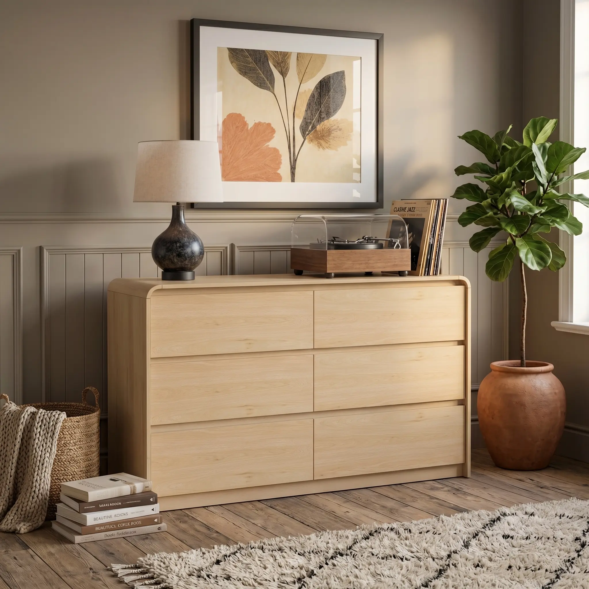 ABCASA Sturdy 6-Wood Drawers Fluted Rectangle Dresser - Chest of Drawers, Interior Storage Furniture with Curved Edges, Sliding Door, Clever Storage for Modern Bedroom, Small Space Hacks tiktokshopbacktoschool