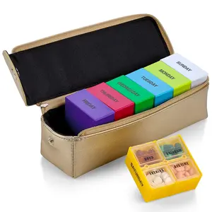 Large Weekly Organizer Box with Gold Leather Case – 7-Day Planner with 4 Daily Compartments, Ideal for Travel, BPA-Free by MEDca
