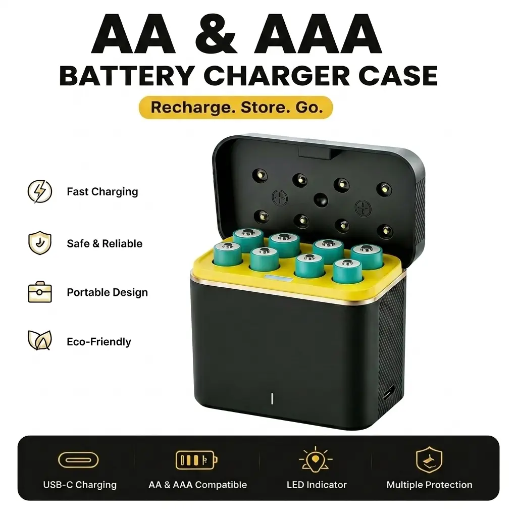 AA AAA Battery Charger and Storage Box, Rechargeable Battery Case with Type-C Charging Port, Portable Organizer Holder for Lithium NiMH Rechargeable Batteries Magnetic