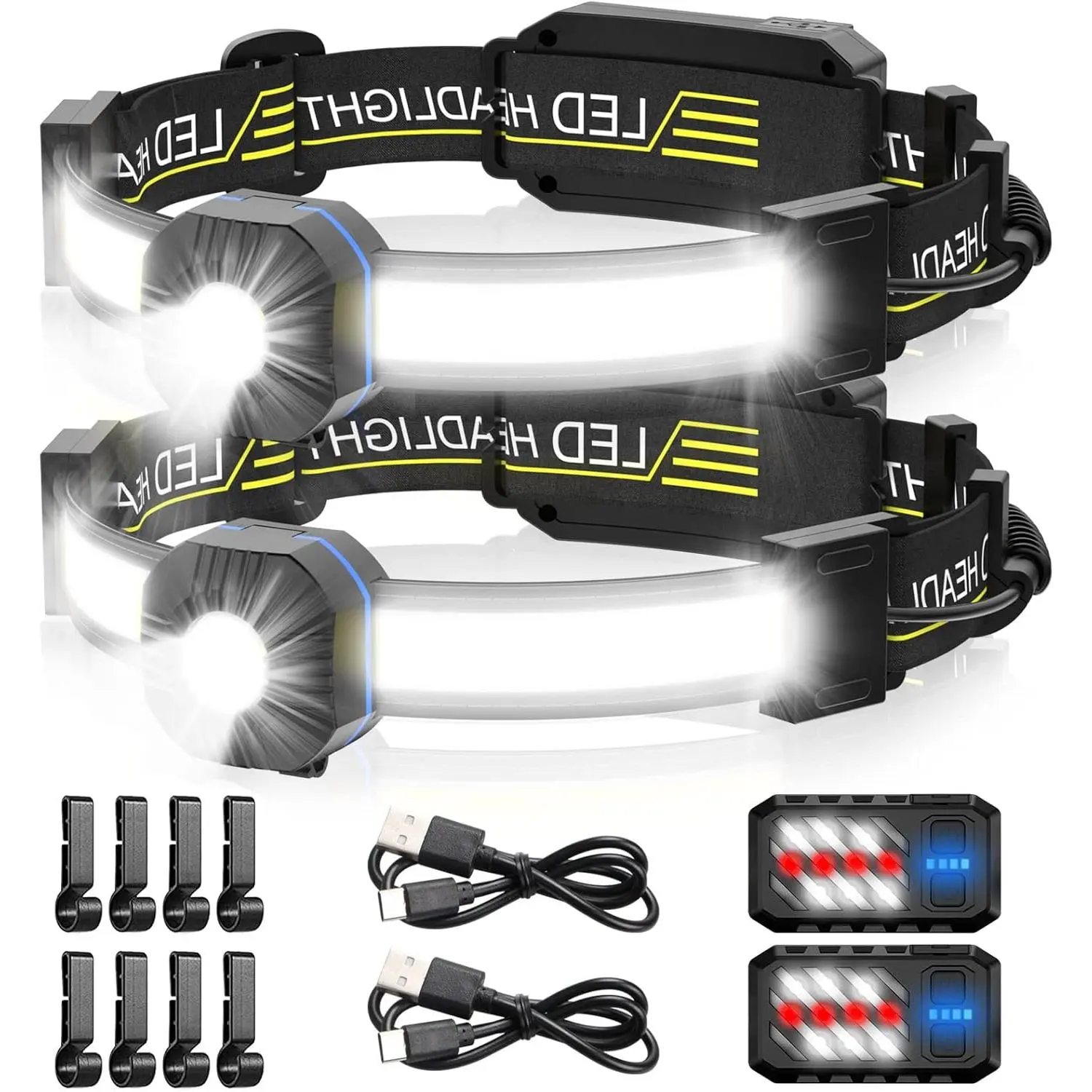 LED Headlamp, 1000lumens 230? Widebeam Headlight, USB Rechargeable HeadLamp with Red Taillight, Lightweight  Headband Light for Camping Running Hiking, Hard Hat Headlamp