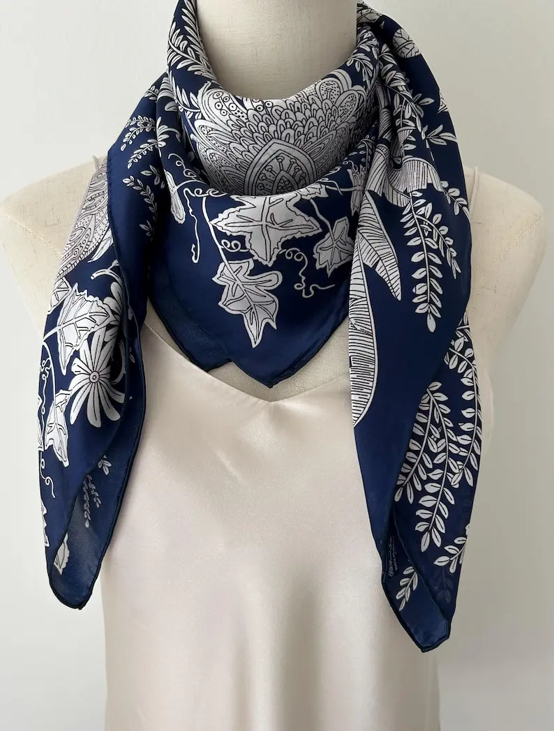 Mulberry Silk Scarf: Navy Blue Floral Sketch, 35" Square
