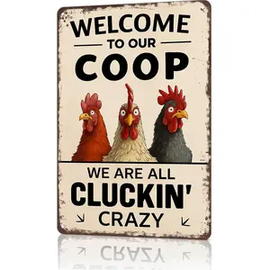 "Welcome To Our Coop Cluckin' Crazy" Chicken Lover Metal Sign - 8x12 aluminum farm decor for chicken coops, farmhouses, or TikTok chicken content! Adorable chicken trio design, ideal for viral farm life reels and gift unboxings for chicken enthusiasts