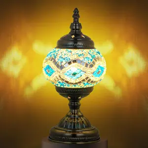 Tiffany Lamp, vintage-style Moroccan table lamp, handcrafted Turkish mosaic lamp with a bronze base, includes LED bulb, suitable for living room and bedroom decoration (blue)