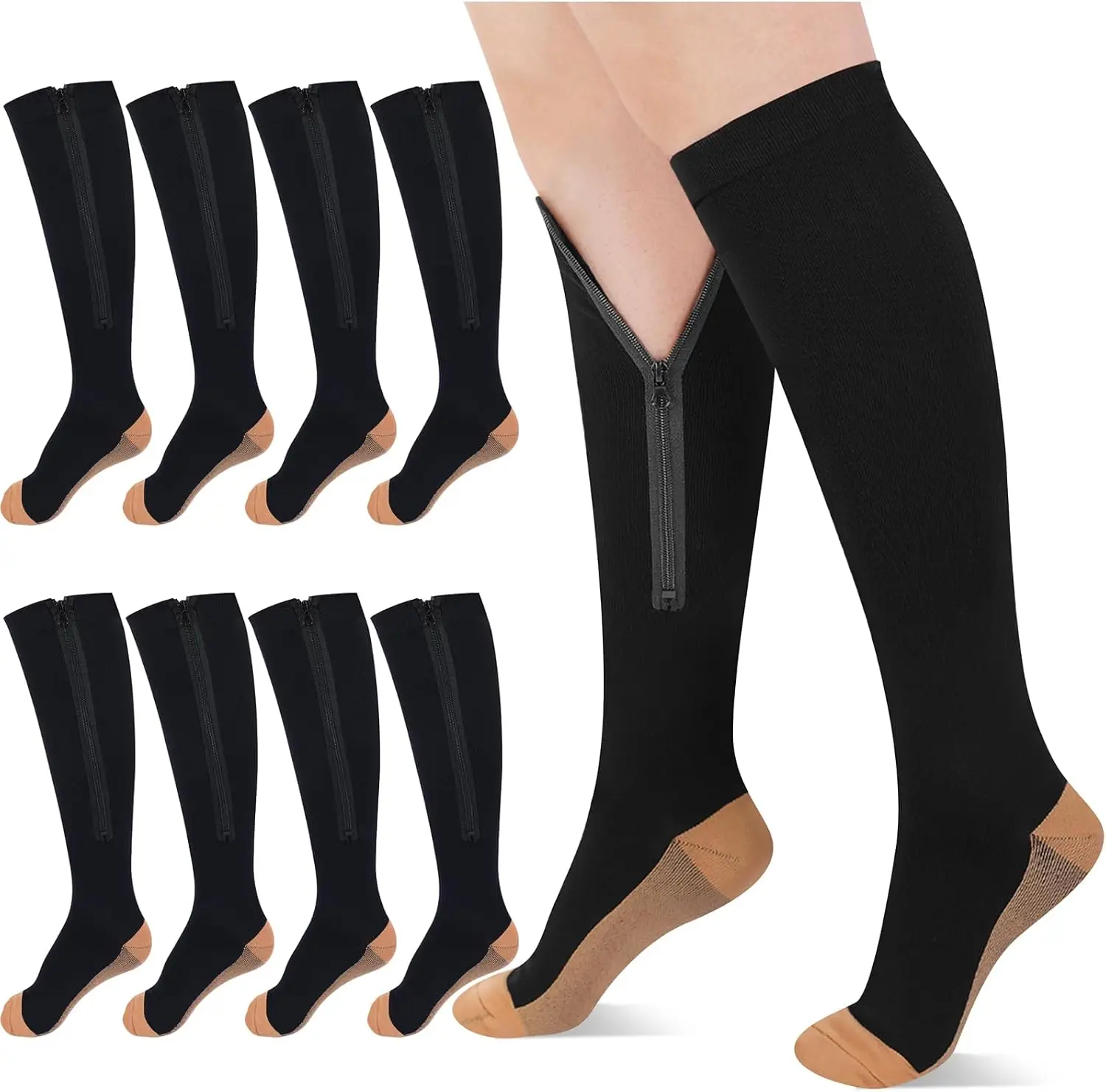 Unisex Compression Knee-High Socks, 4-Pair Pack, Zippered On/Off Design, Breathable, for Edema Relief