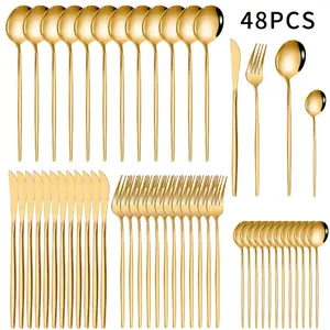 4/48 Piece Gold Stainless Steel Elegant Tableware Set with Gift Box Including Dinner Knife, Fork, Spoon - For Home, Kitchen, Dining Room, Wedding - Durable and Modern Tableware Collection Utensils Cutlery