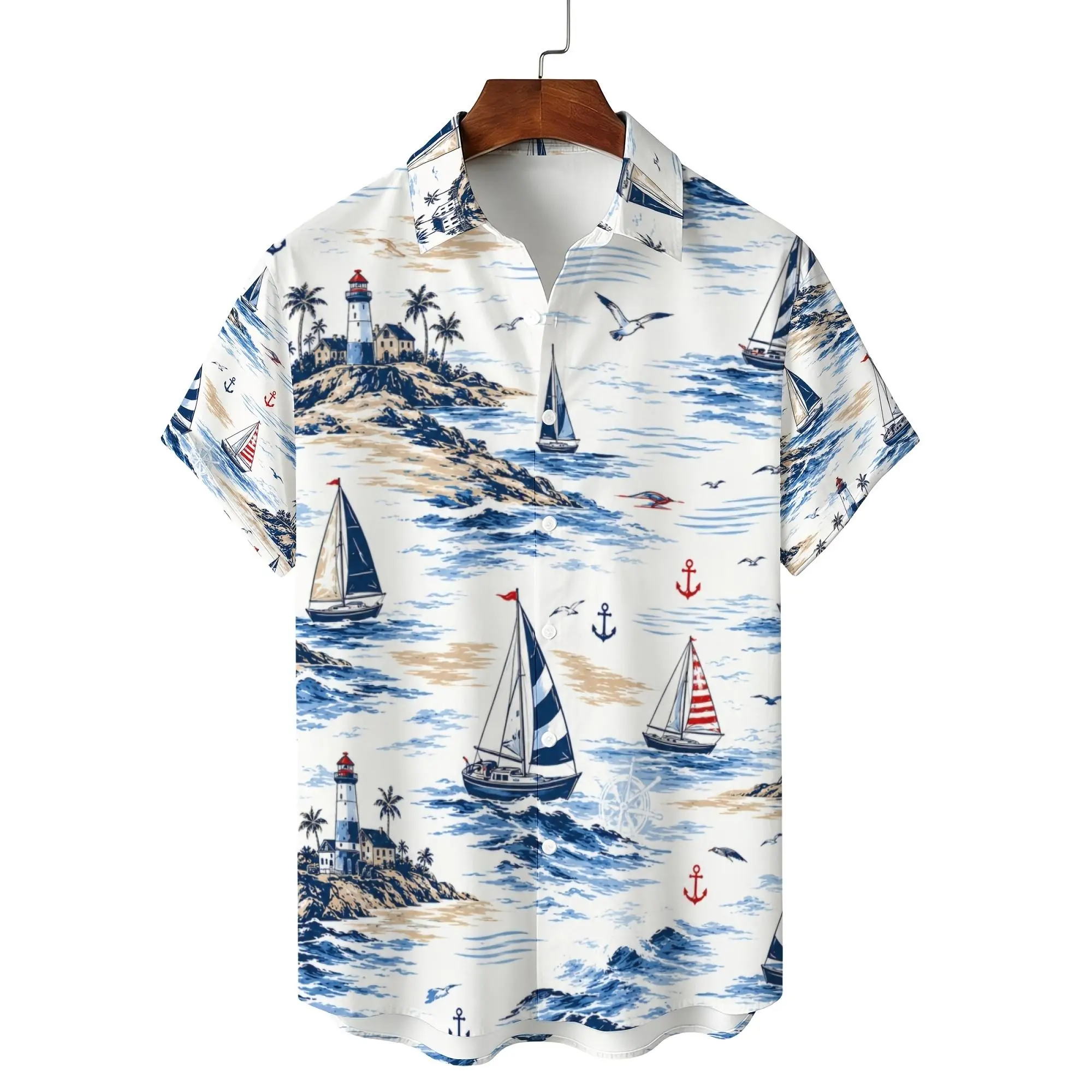 Nautical Lighthouse Sailboat Anchor Hawaiian Shirt. Classic Marine Coastal Print Light Summer Beach Travel Casual Men Short Sleeve Shirt