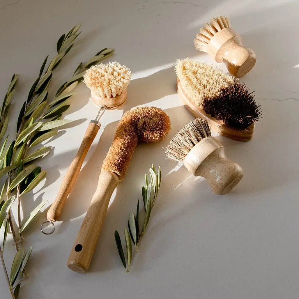 Plastic-Free Dish Brush Kit - 5 Eco-Friendly Bamboo Wooden Brushes for Cleaning Pots, Water Bottles, Produce
