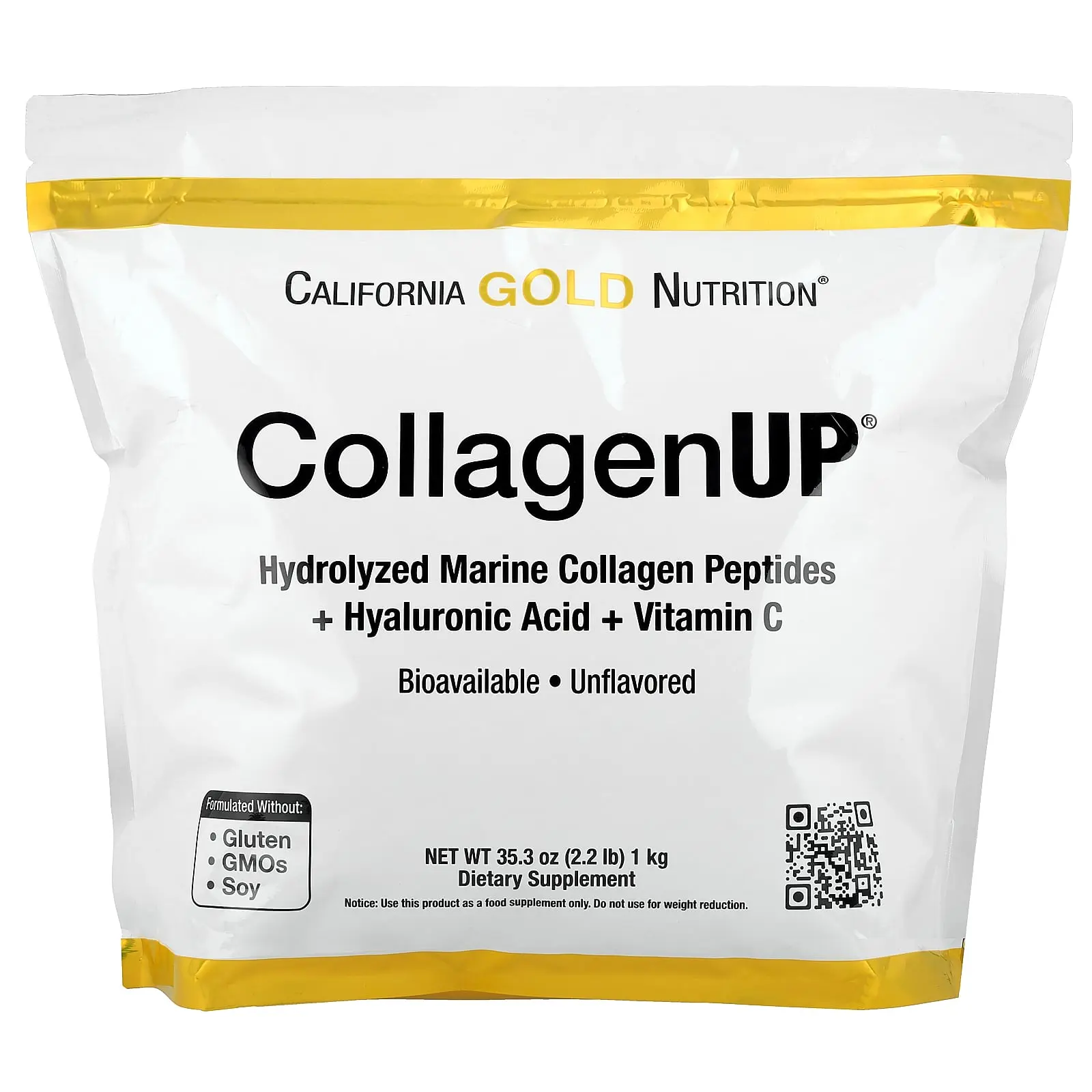 California Gold Nutrition CollagenUP®, Hydrolyzed Marine Collagen Peptides with Hyaluronic Acid and Vitamin C, Unflavored, 2.2 lb (1 kg)