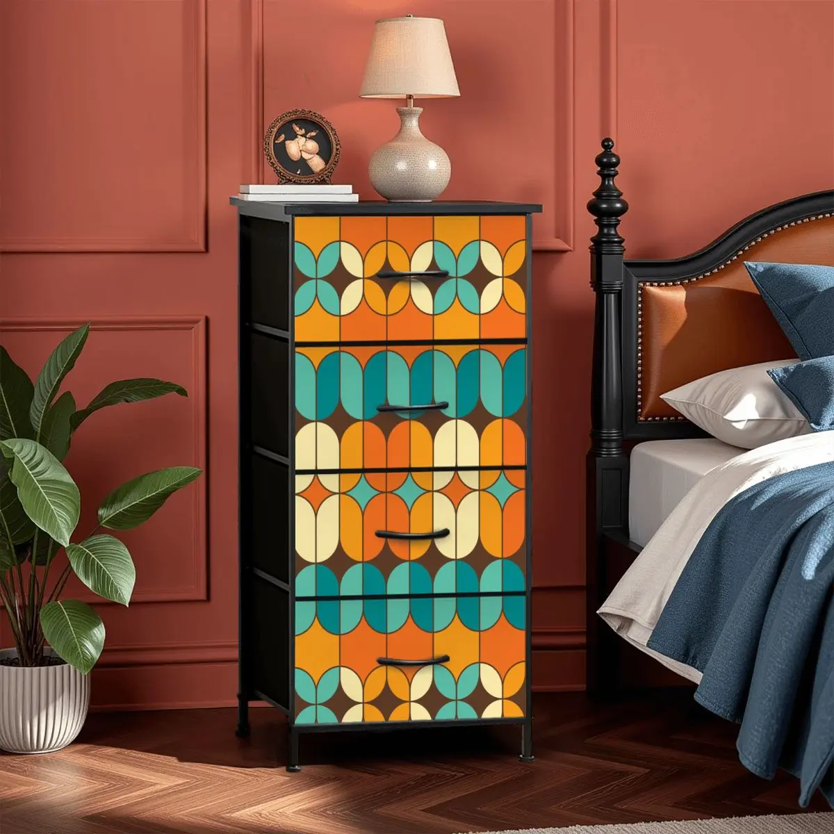 Mid Century Modern Orange Teal 4-Drawer Dresser