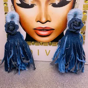 LARGE Blue yarn with denim earrings