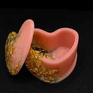 One of one Design Resin Heart Jewelry Box with Gold Leaf Accents and Pink Lid for Elegant Storage