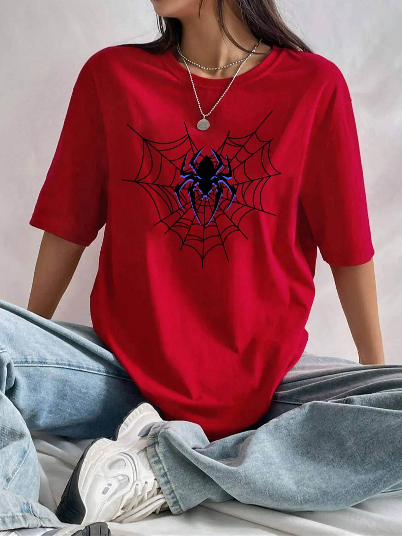 Women's Spider & Heart Animal Print Drop Shoulder Tee, Streetwear Fashion Casual Short Sleeve Round Neck Fit T-Shirt Top for Daily Holiday Vacation Outdoor Wear, Ladies Summer Clothes, Piece, Casual Comfy Clothes