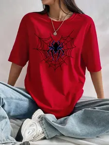 Women's Spider & Heart Animal Print Drop Shoulder Tee, Streetwear Fashion Casual Short Sleeve Round Neck Fit T-Shirt for Daily Holiday Vacation Outdoor Wear, Ladies Summer Clothes, Piece