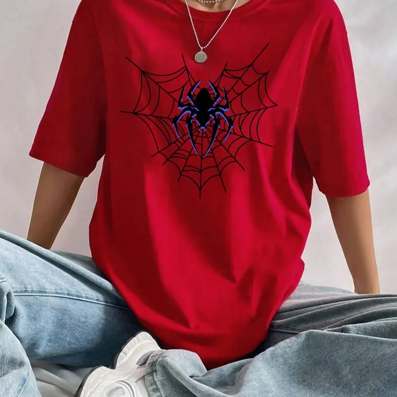 Women's Spider & Heart Animal Print Drop Shoulder Tee, Streetwear Fashion Casual Short Sleeve Round Neck Fit T-Shirt Top for Daily Holiday Vacation Outdoor Wear, Ladies Summer Clothes, Piece, Casual Comfy Clothes, Tee Shirt Tops