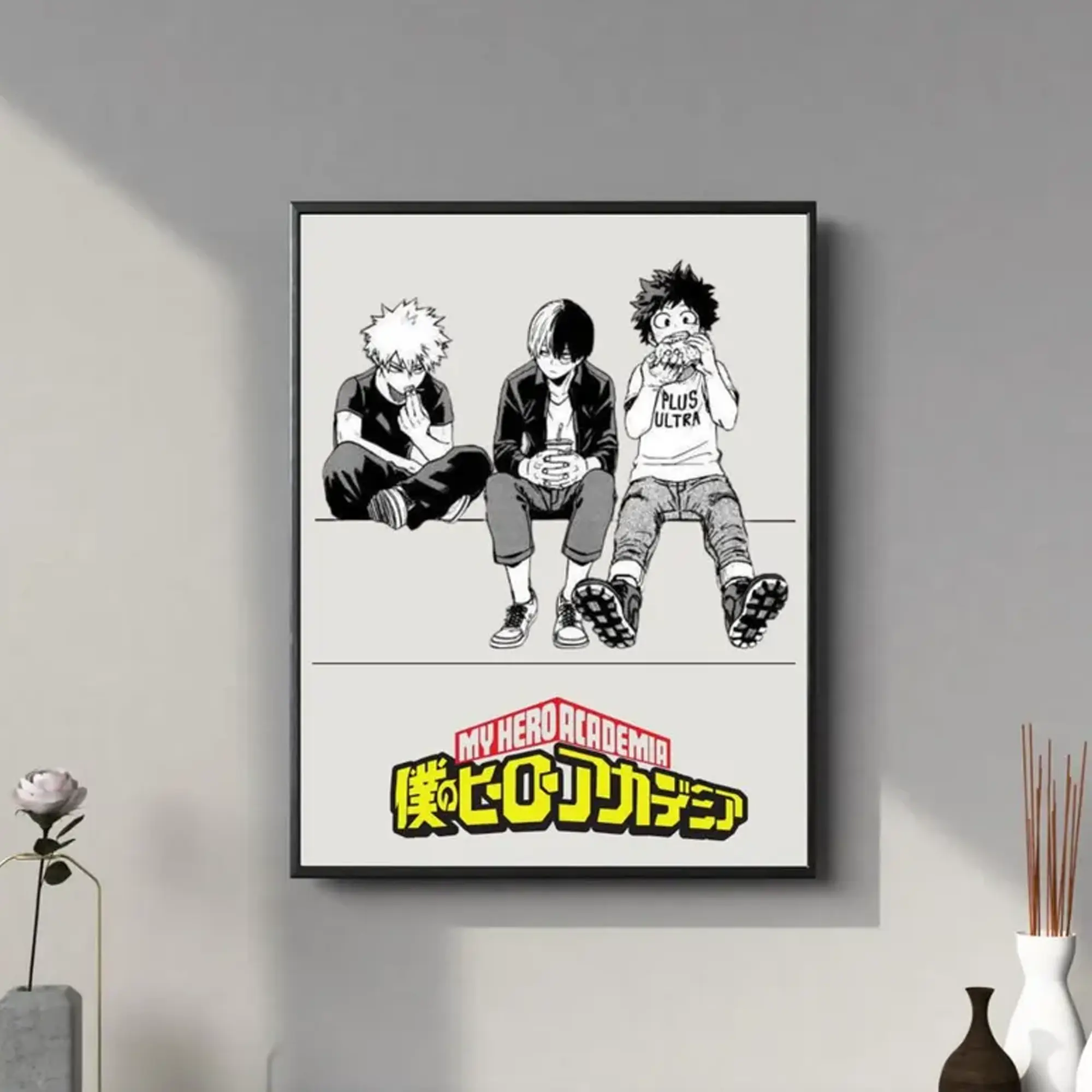 Bakugo, Todoroki, Deku Sitting Relaxed Poster, My Hero Academia Black and White Wall Art, Anime Gift For Fans
