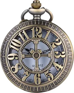 Retro Antique Bronze Pocket Watch with 31" Lobster Clasp Necklace Chain, Classic Quartz Clock Necklace,  Steampunk Pocket Watch with Chain for Men and Women