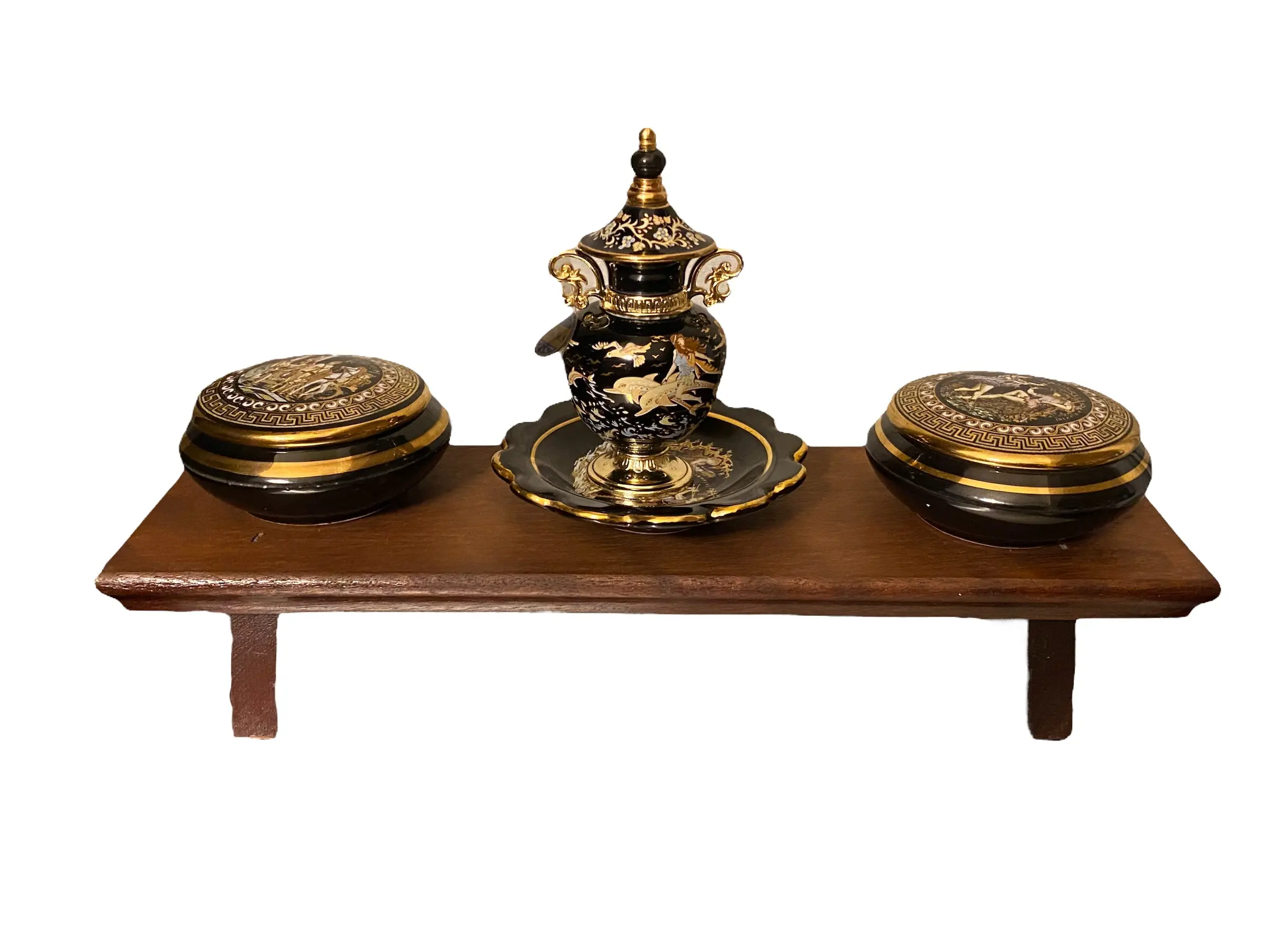 Rare & Vintage Set of Beautiful Handmade in Greece in 24K Gold ,A Plate, A pair of Trinket boxes, Wooden Stand, And  Perfume Jar. Porcelain.