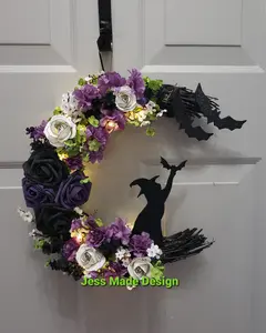 Halloween Moon Wreath, Bat Wall Decor, Black Cat Moon Wreath, Gothic Gift, Lighted Wreath