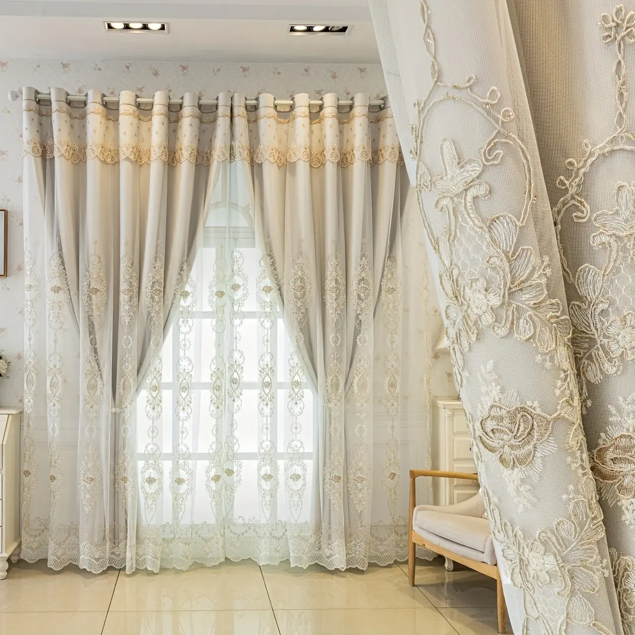 1pc Creamy Gentle Grommet Top Double Layer Embroidered Curtains 100% Blackout with Soft Floral Embroidery, Privacy Grommet Curtains, All-in-One Cozy Drapes for Bedroom, Reading Nook & Farmhouse Style Home, Home Decoration Curtain