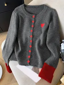 Heart Shape Knitted Open Front Cardigan, Cute Button Long Sleeve Sweater, Soft Comfortable Casual Top for Women, Fashion Fall Winter Knitwear
