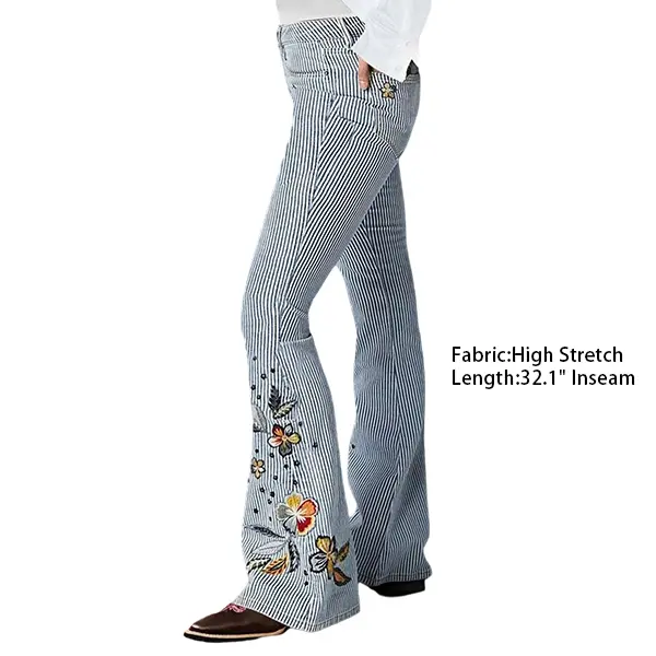 Flamingals Striped Pattern Embroidered Low Waist Bootcut Jeans