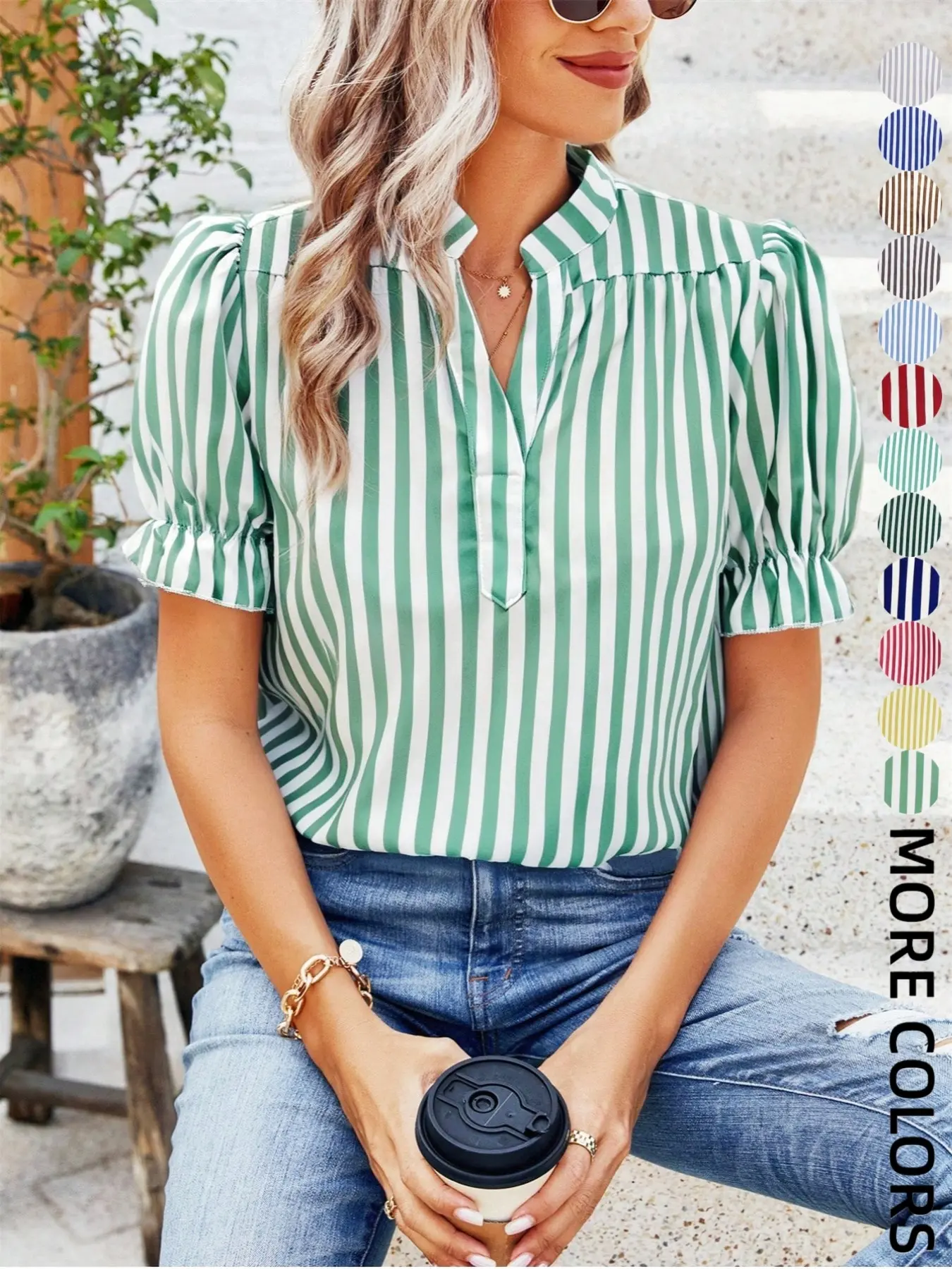 Mint Green Striped V-Neck Puff Sleeve Shirt French Office Casual Top Sweet & Spicy Striped Puff Sleeve Shirt V-Neck Beach Vacation Top Lazy Style Striped V-Neck Puff Sleeve Shirt Loose Fit Casual Blouse Piece