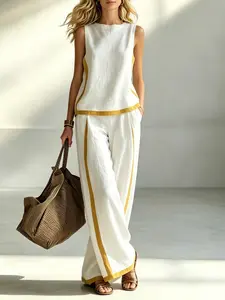 Bohemian Patchwork Tank Top and Pants Set, Sleeveless Summer Top, Flowy Wide Leg Trousers, Casual Comfortable High-Waist Vacation