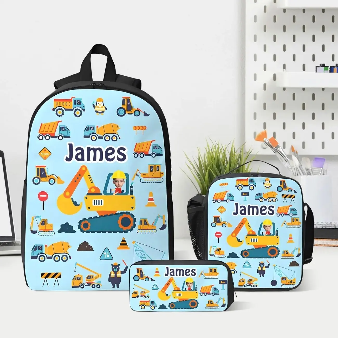 Personalized Dinosaur Truck Backpack Set, Custom Name School Bag with Lunch Bag & Pencil Case