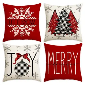 4pcs Christmas Pillow Cover 18 * 18 inches, Christmas Tree, Snowflake, Christmas Bell Printed Sofa Cushion Cover, Suitable for Christmas Party Decoration Room Living Room Sofa Bedroom Car Seat Decoration Pillow Cover (No Pillow Core)
