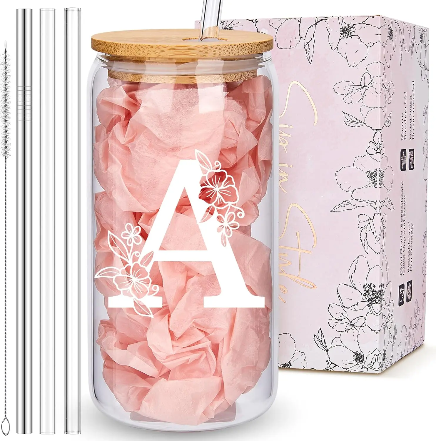Personalized Tumbler, Monogrammed Can Glass Cups with  Lids and Straws, Customized Gifts for Women, Cute Design Initial Iced Coffee glasses, Custom Letter Mug, Birthday Bridesmaid, A