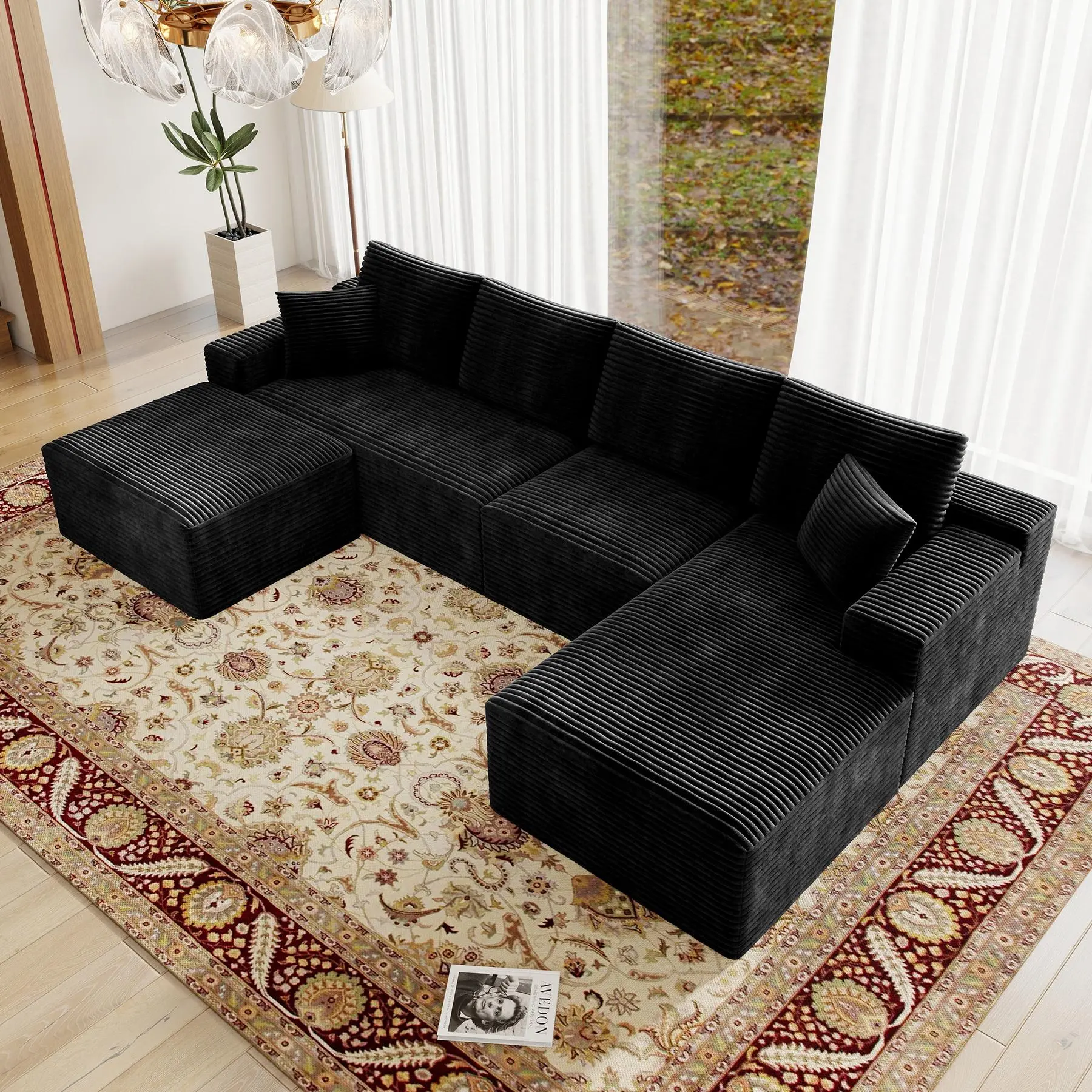 BLACK-131.9"L-shaped Righ Facing Chaise with ottom