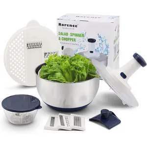3 in 1 stainless steel pump salad spinner food chopper set large collapsible lettuce spinner chopper for vegetable slicer and dicer 5 qt mixing bowl with 5 graters