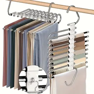 9 Layer Stainless Steel Pants Rack with Non-Slip Coating and 5 Extra Hooks, Ideal for Leggings Jeans Scarves Dresses, Compact Closet Organizer, Pants Hanger