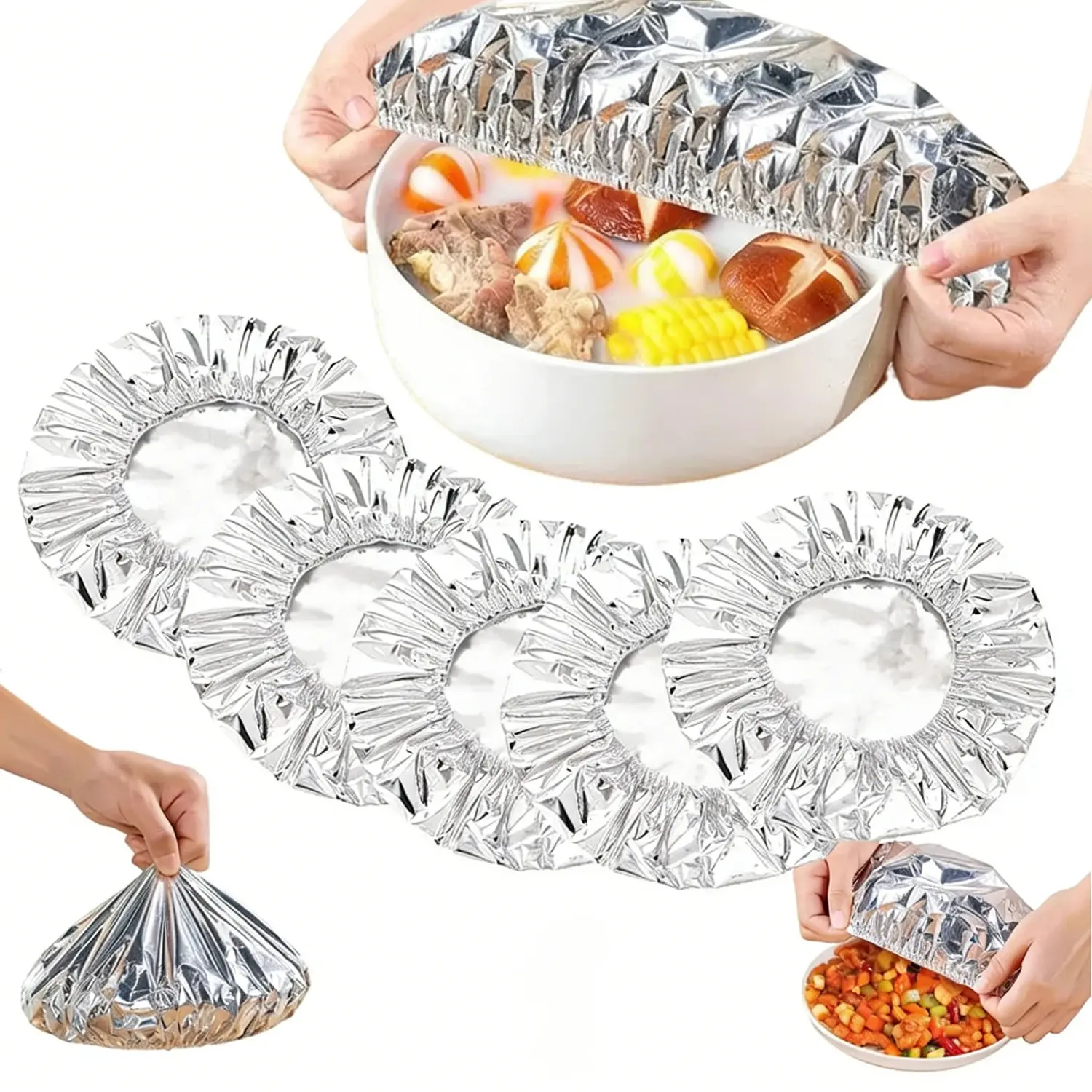 30/50 Pcs Reusable Aluminum Foil Food Wrap Cover Set with Elastic Band, Stretchable Liners for Plates, Hot & Cold Food Storage Up to 110°C, Home Kitchen & Office Use Accessories