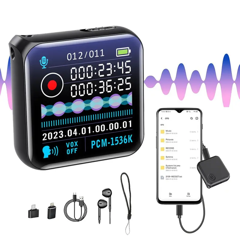 Portable Digital Smart Voice Recorder - Chargeable 1-Click Audio Recorder with Intelligent Noise Reduction, HD Recording, Distinct Sound Quality, Long-Lasting Battery, Included Cables, High Definition Display