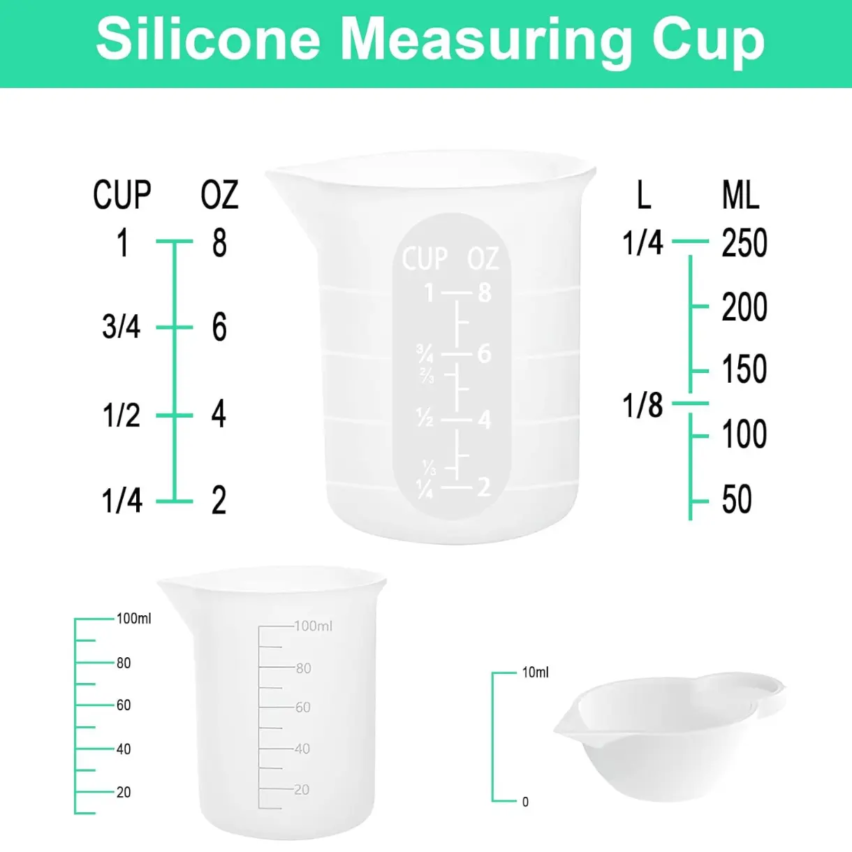 7 PCS Silicone Measuring Cups Kits,1 PCS 250ml Silicone Cups,4 PCS 100ml Non-Stick Mixing Cups,2 PCS 10ml Silicone Mold Cup Dispenser, for Casting Moulds,Jewelry Making,DIY,Crafts