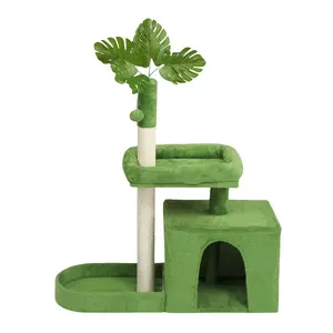 36in Cat Tree with Leaves, Multi-level Cat Tower with Cat Scratching Post, Cozy Cat Condo, Padded Beds, Dangling Ball for Kittens and Indoor Cats, Green aldifruit cattree