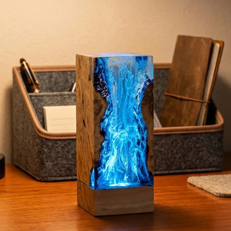 Deep Blue Sea Resin Wood Lamp, Handmade Epoxy Ocean LED Night Light, Color Changing Table Lamp, Decorative Bedside Light for Bedroom Living Room, Ocean Lover Gift