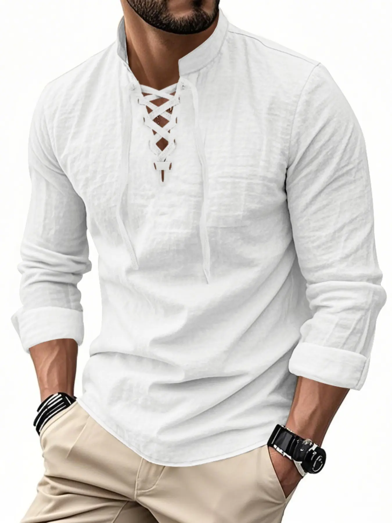 Men's spring, summer light, breathable, casual, Fitted linen Fabric shirt, drawstring collar, simple solid-color long-sleeved polo shirt, suitable for daily commuting, sports and vacation, essential item for men's wardrobe, Minimalist, Casual summer tops