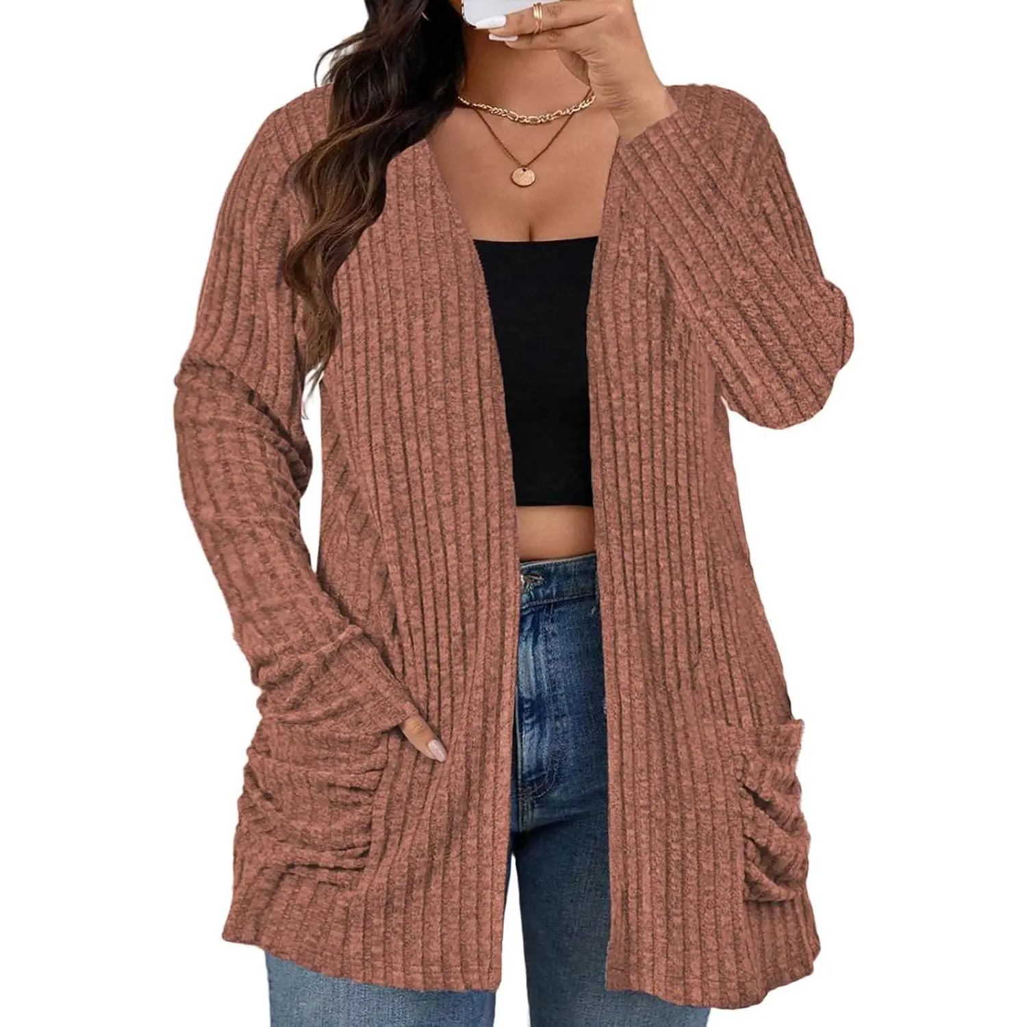 Plus Size Cardigan Sweaters for Women Fall Open Front Tops Soft Ribbed Knit Ruched Pockets Outerwears Knit Everyday Long Sleeve Top Warm Knitwear 1XL-5XL Soft & Stretchy Polyester RPS2166