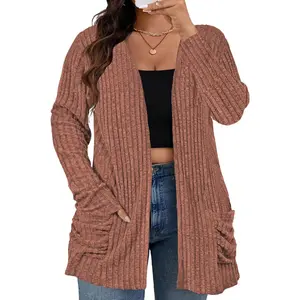 Plus Size Cardigan Sweaters for Women Fall Open Front Tops Soft Ribbed Knit Ruched Pockets Outerwears Knit Everyday Long Sleeve Top Warm Knitwear 1XL-5XL Soft & Stretchy Polyester RPS2166