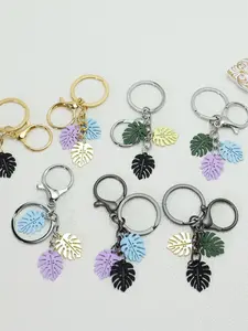 1pc Metal Monstera Leaf Keychain Colorful Enamel Tropical Plant Key Ring Boho Bag Charm Car Key Accessory Gift
