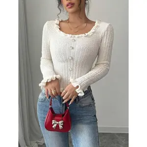 Women's Plain Lettuce Trim Sweater, Elegant Fashion Casual Crew Neck Jumper for Daily Outdoor Wear, Women Knitwear for Fall & Winter, Sweaters for Women, Cute Tops