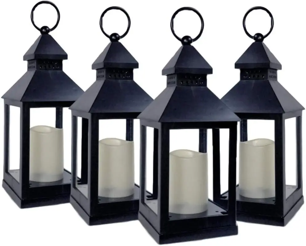 Decorative Set of 4 Lanterns with LED Flameless Candles 4 Hour Timer Indoor Outdoor Hanging Tabletop Lantern Decor for Patio Porch Wedding Home 9.38"H