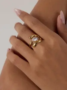 This Is A Minimalist Casual Accessory For Ladies, Promise Ring Gf, Geometric Shape With Staggered Edges And A White Zirconium Opening That Can Be Adjusted Made Of Stainless Steel With 18k Gold Plating Anti Allergy Ring