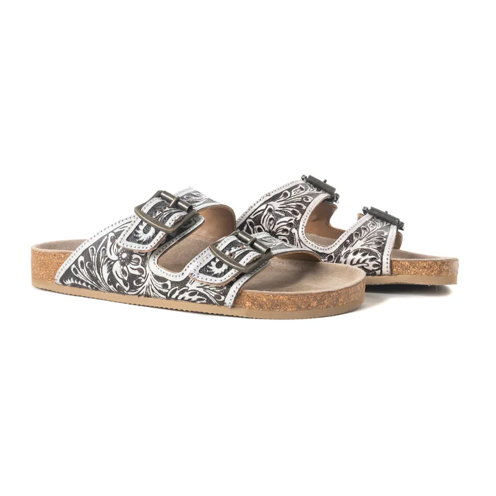 Men's Soft Handtooled Mesa Scroll Classic Flat Leather Sandals - Brown & White Men's Footwear, Handmade Sandals, Strappy Sandals
