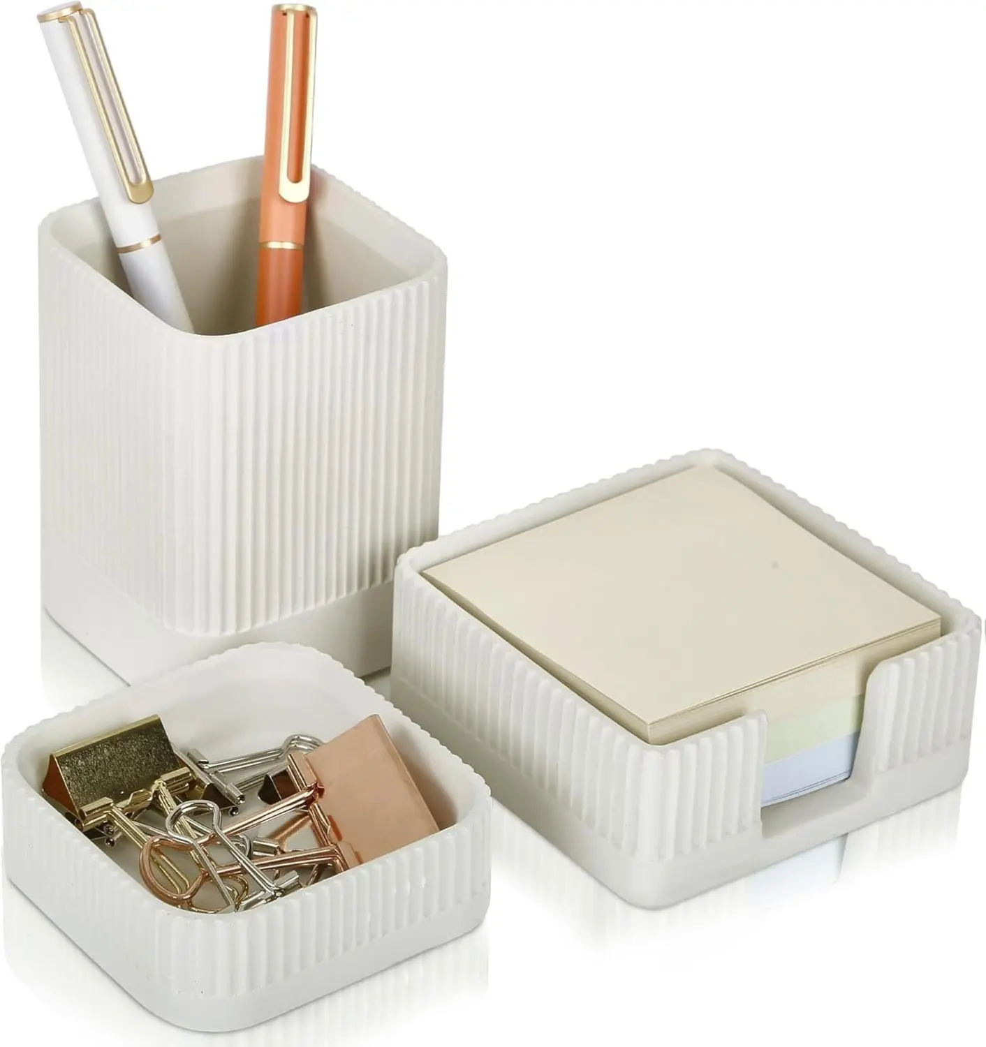 Aesthetic Desk Organizer Set of 3 For Your Office - Sturdy Concrete Desktop Accessories For Women or Men Enhance Any Office Decor - Set incl. Pen Holder, Paperclip Storage and Sticky Note Holder