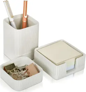 Aesthetic Desk Organizer Set of 3 For Your Office - Sturdy Concrete Desktop Accessories For Women or Men Enhance Any Office Decor - Set incl. Pen Holder, Paperclip Storage and Sticky Note Holder